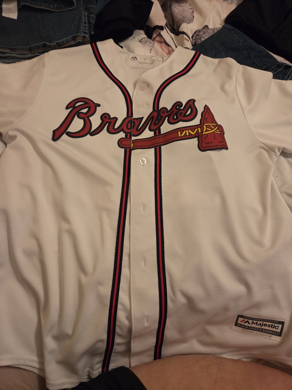 Majestic White Atlanta Braves Button-Front Jersey with Red and Navy Trim